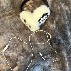 Fluffy White and Black Headphones with Leaf Design